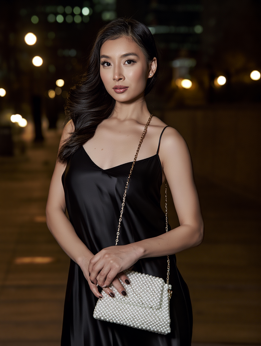 Modell mit weisser Perlentasche